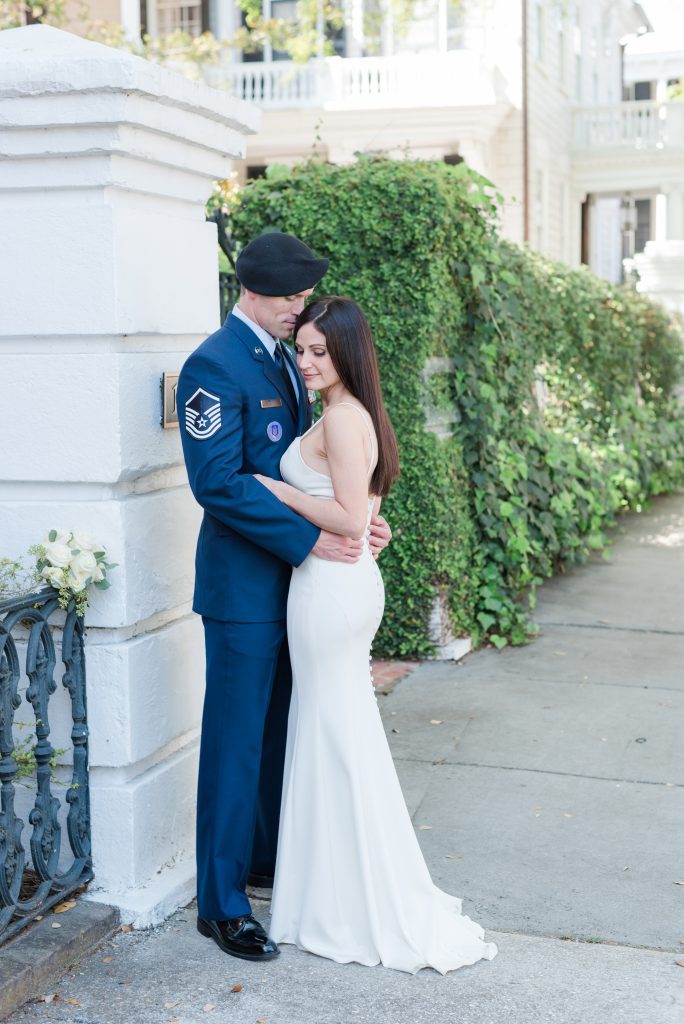 Military couple pose for Charleston Elopement Photos
