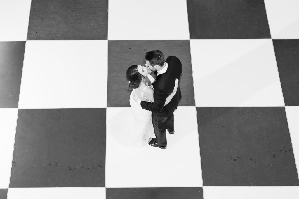 black and white overhead shot of first dance at wedding