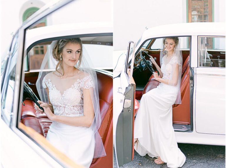 bride sitting at Rolls Royce steering wheel