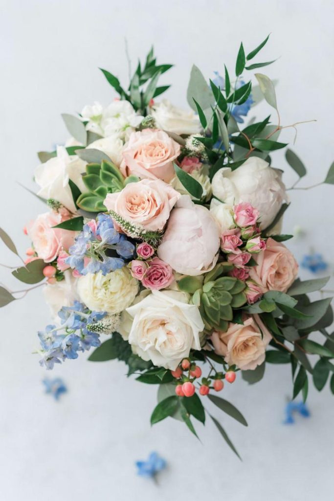 flat lay of pastel bridal bouquet