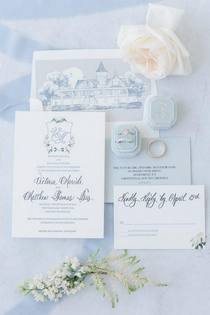 white and blue Magnolia-Plantation-Wedding Invitation Suite