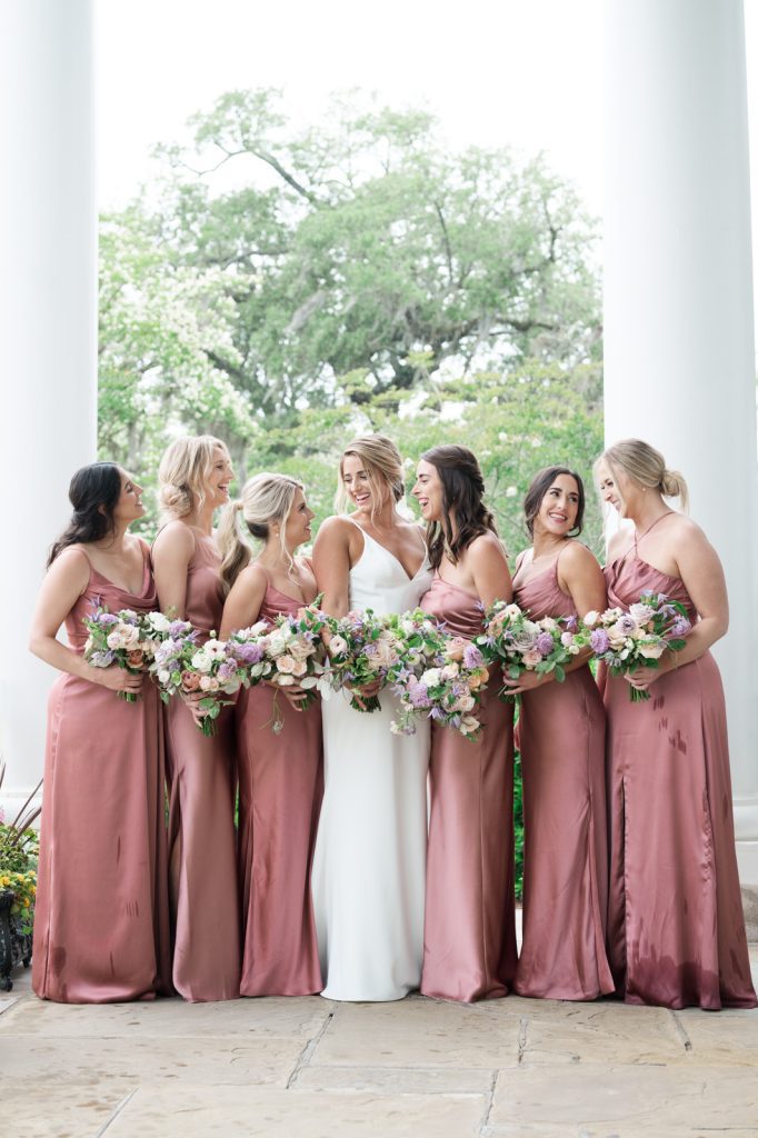 Bridal party on front porch of Boone Hall wedding venue mount pleasant sc