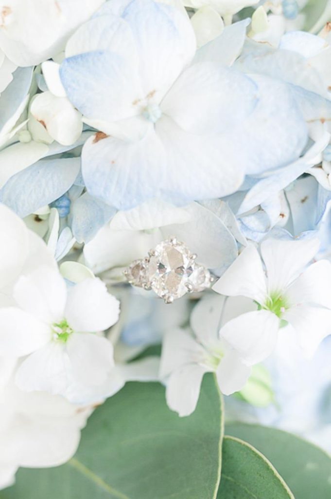 Engagement ring sitting on top of blue hydrangeas