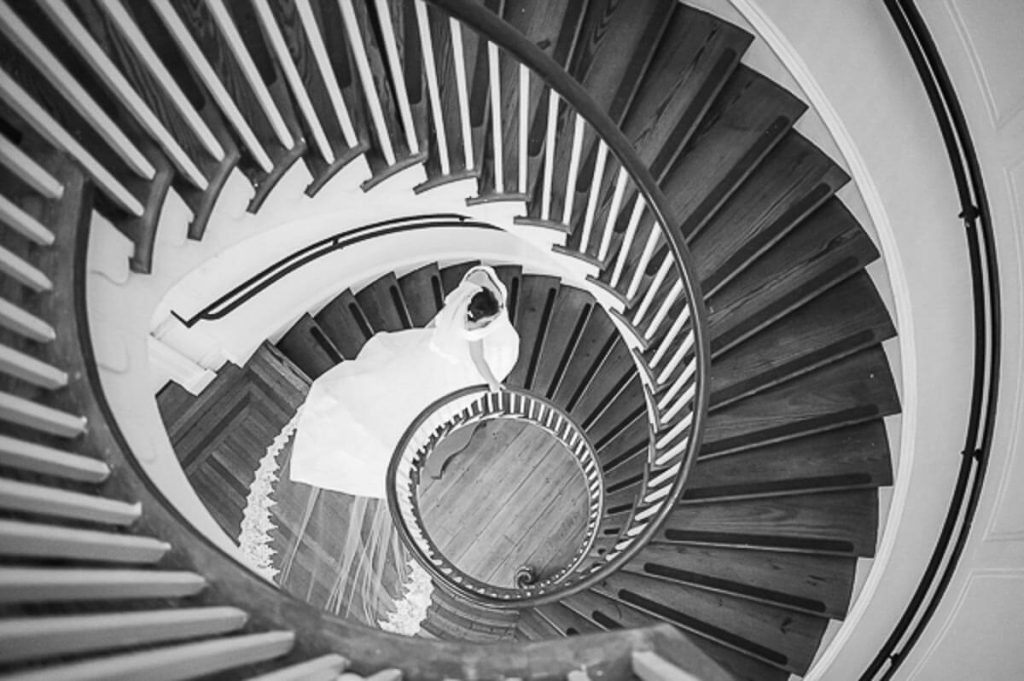 Bridal Portrait on Spiral Staircase at Lowndes Grove Wedding