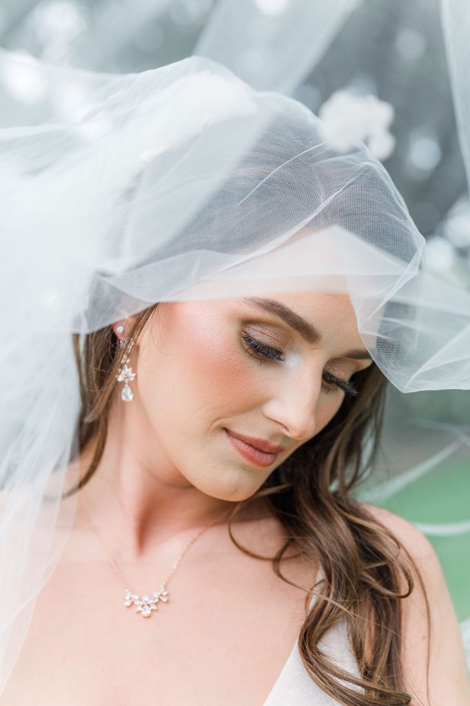 close up of bride's face with veil on top of her head