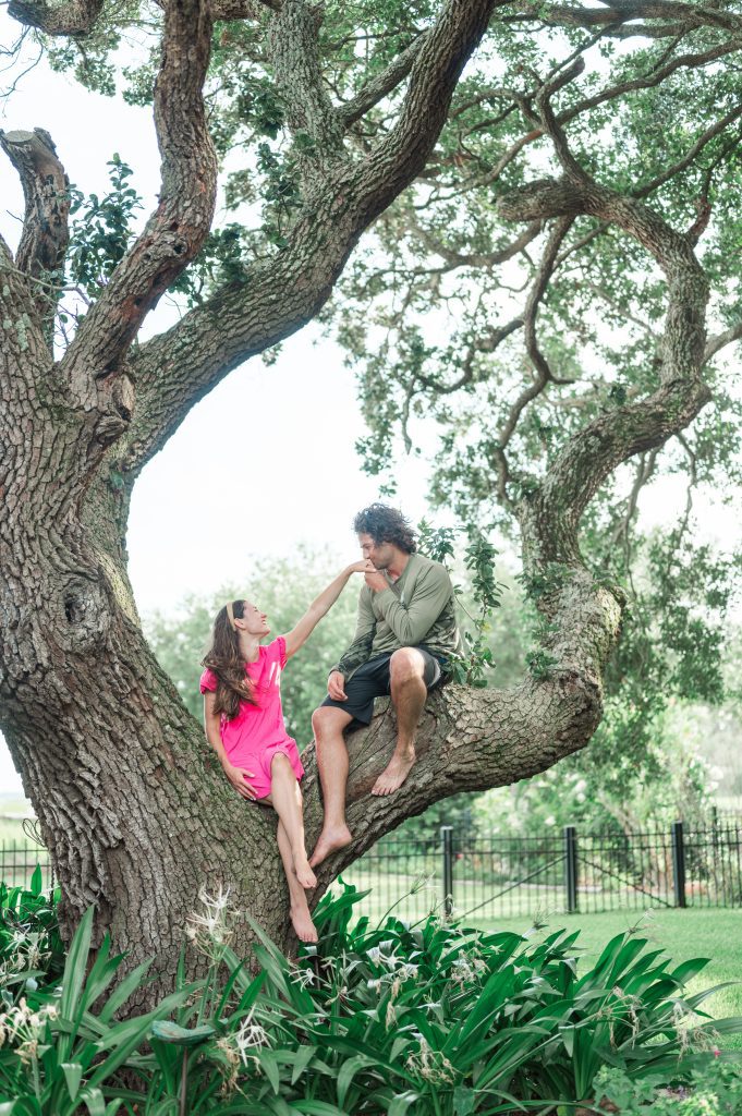 engaged couple sit in tree with guy kissing girl's hand