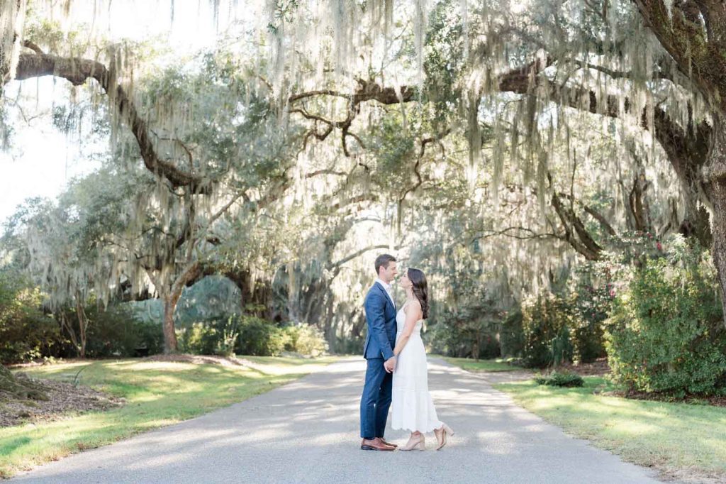 engaged couple holds hands in allee of oak trees covered with Spanish moss