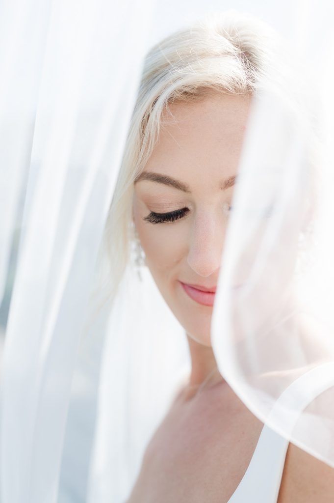 closeup of bride with veil partially covering her face