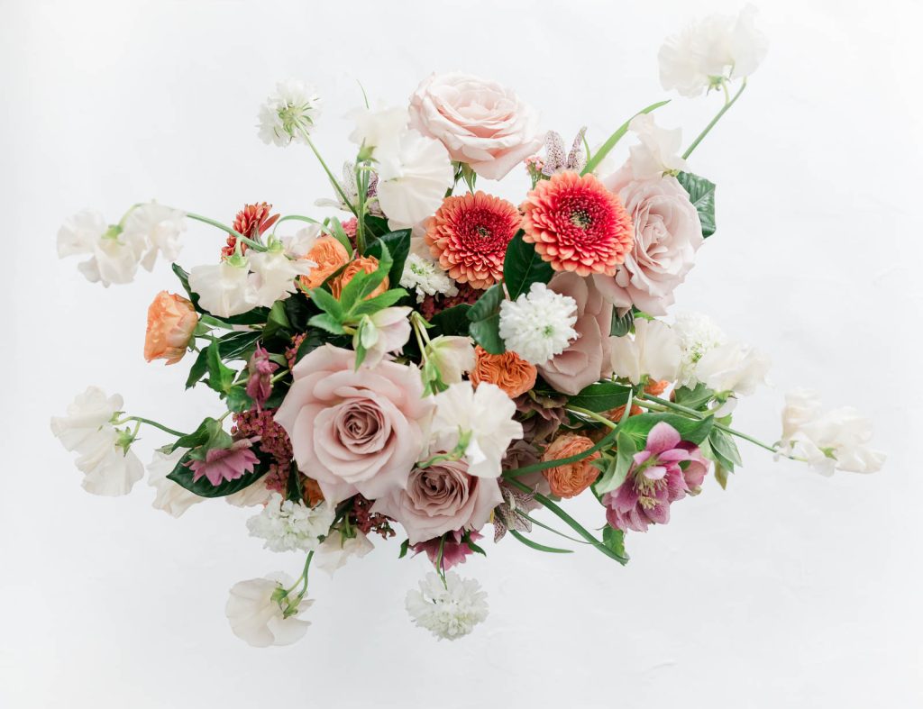 flat lay of pink, white and orange Wedding Bouquet