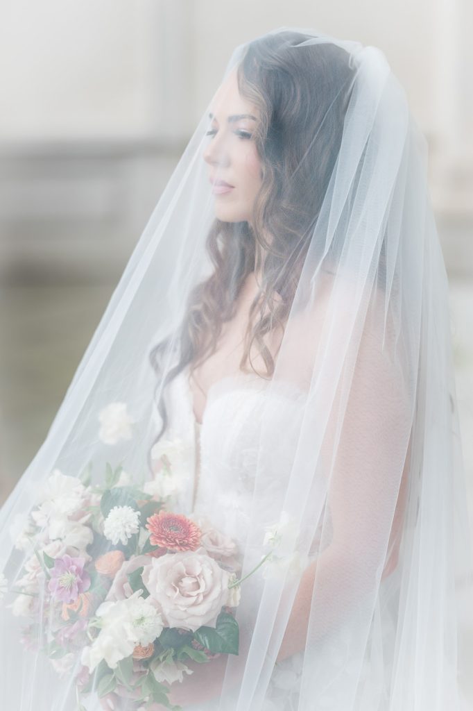 bridal portrait with veil over bride's face