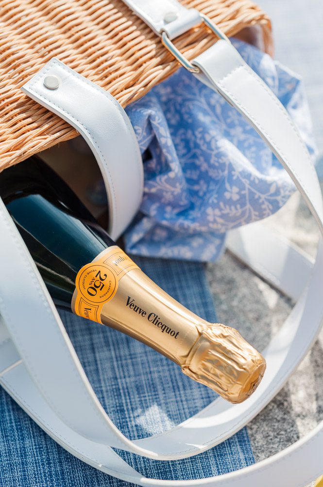 bottle of champagne in a wicker bag