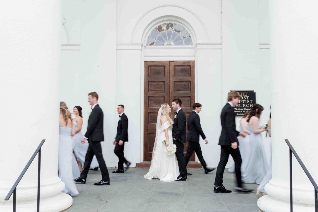 Wedding Party Walking in front of First Baptist Church