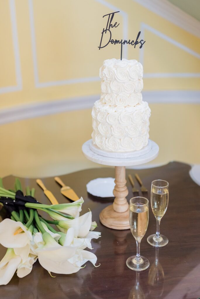 Wedding Cake and champagne inside at Lowndes Grove