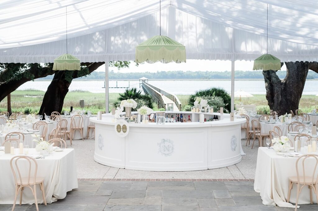 Lowndes Grove waterfront wedding reception set up overlooking the Ashley River