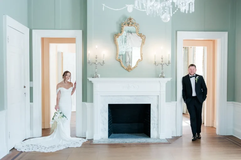 Wedding portraits inside in the green room at Lowndes Grove wedding venue