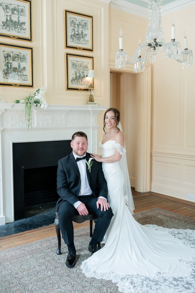 Seated Wedding portraits in the pink room at Lowndes Grove