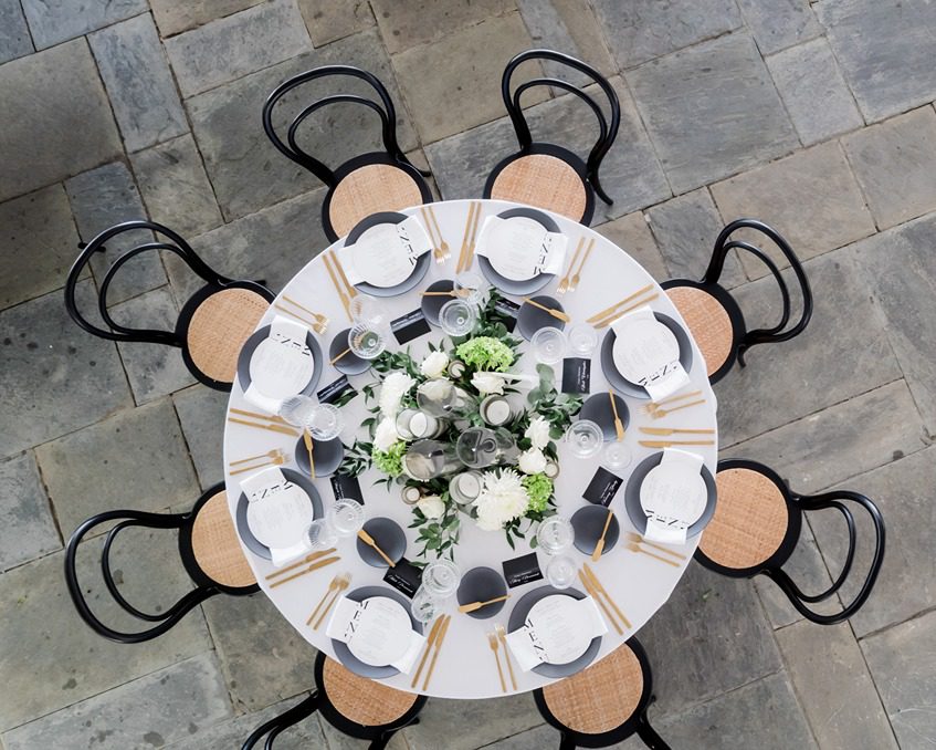drone photo of black and white reception table Lowndes Grove Wedding