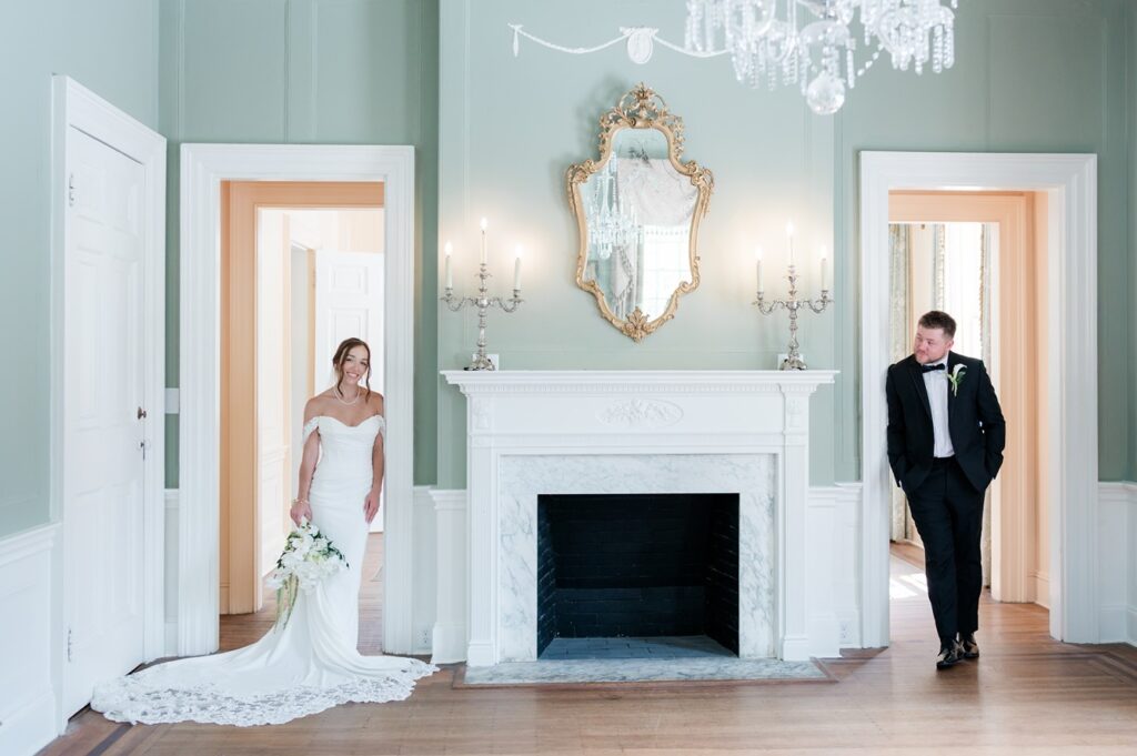 Newlywed portraits in the green room of the interior of Lowndes Grove house