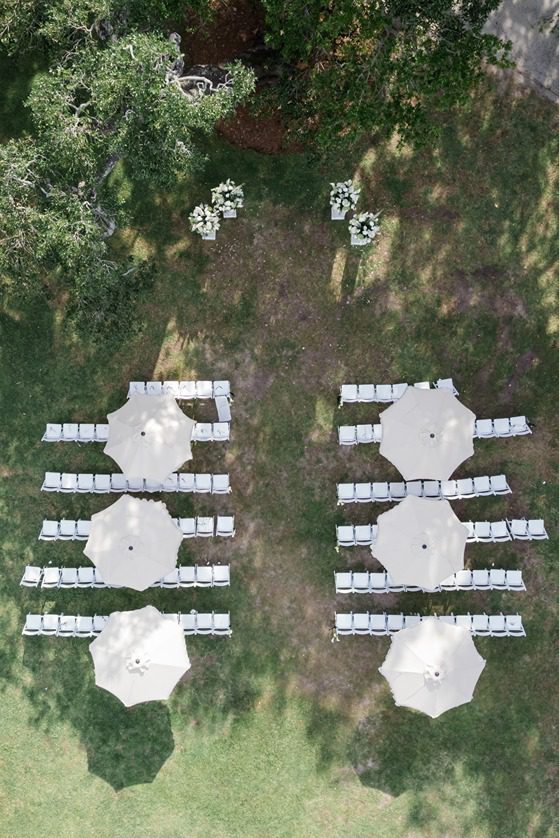 Drone photo of Lowndes Grove wedding ceremony in Charleston